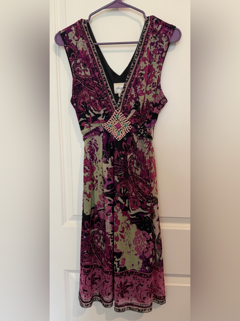ECI Purple and Green Paisley Embellished V-Neck Midi Dress